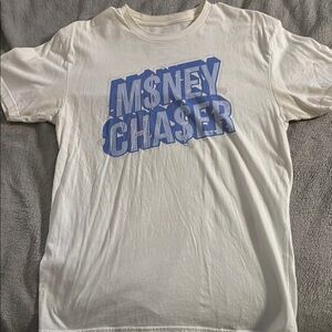 White and Blue Short Sleeve Tee with Bold Graphic